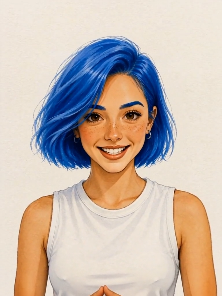 Beth sonriente, la asistente de pelo azul de BLY72 Pro