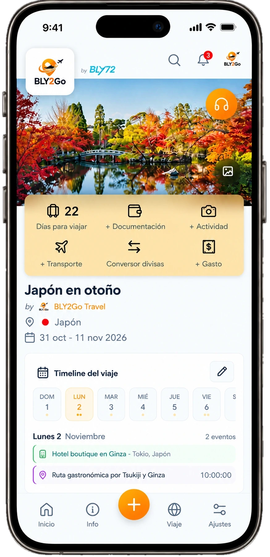 Mockup de BLY2Go aportado: el viaje Japón en otoño, con su calendario, alojamientos y actividades en la pantalla del móvil
